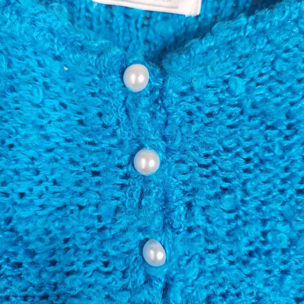 Margules Vintage Blue Sweater Size Medium Short Puffy Sleeves 3 Button - Picture 3 of 5